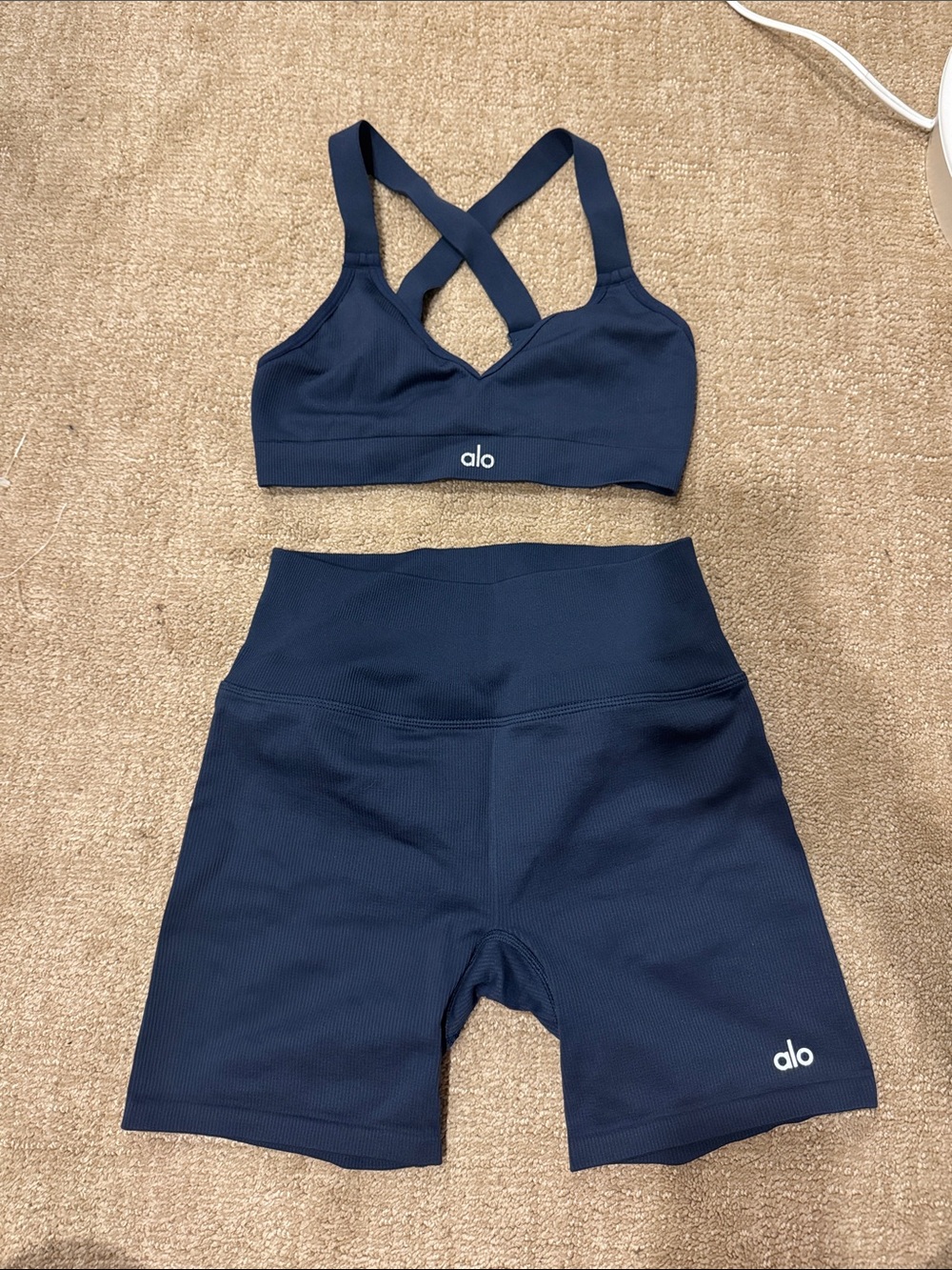 ALO Yoga Navy Blue Athletic Shorts and Bra Set